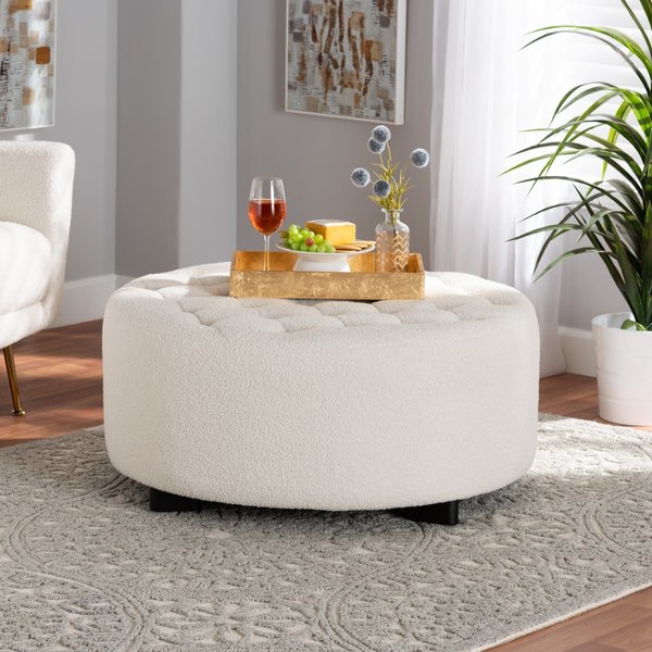 Baxton Studio Athena Modern and Contemporary Ivory Boucle Upholstered and Black Finished Wood Round Ottoman 220-12868-ZORO